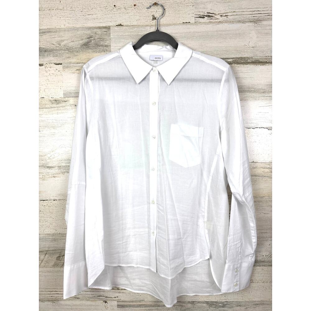 ECRU Womens L White Lightweight Sheer Long Sleeve Casual Button Up Blouse NEW